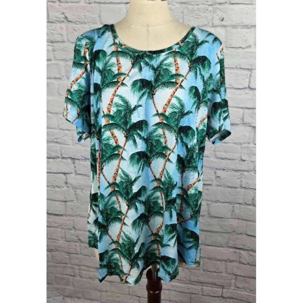 JM Collection Plus Size Tropical Short Sleeve Top Icicle Blue Combo Size 1X